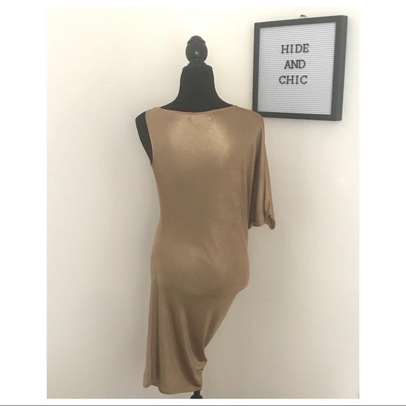 BCBGMAXAZRIA METALLIC GOLD ONE SHOULDER MINI DRESS - Picture 6 of 7